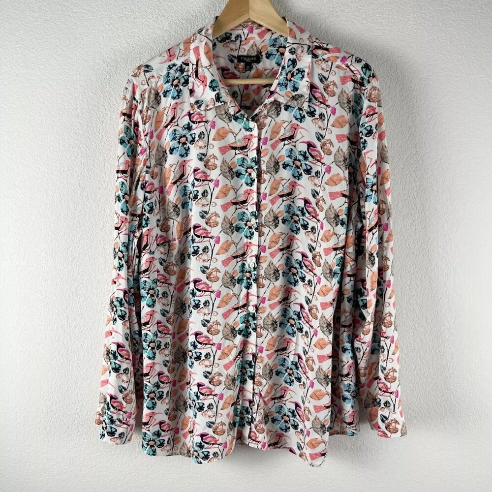 Talbots Bird Floral Print Top Womens 2X Pink Button Up Blouse Long Sleeve
